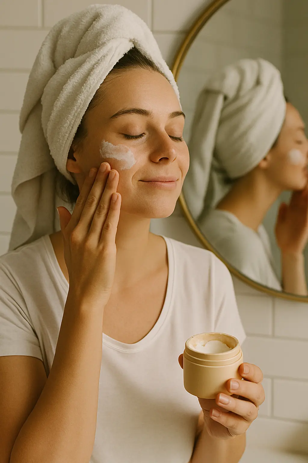woman applying face moisturizer dry skin care